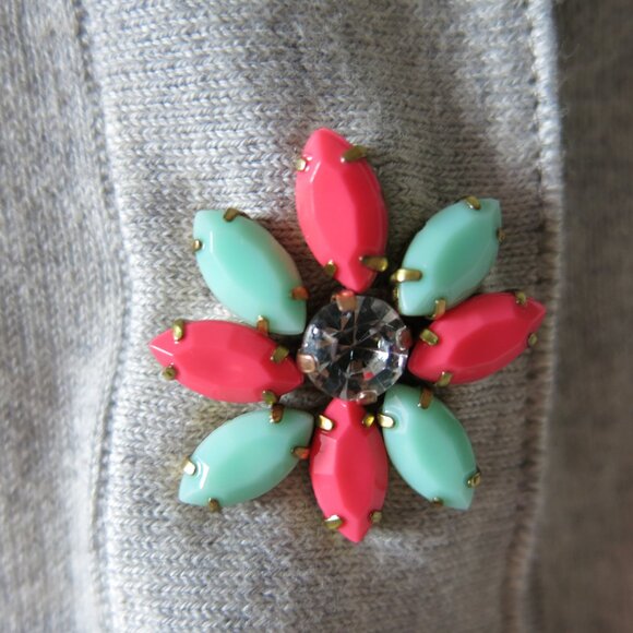 Boden Floral Colorful Rhinestones Buttons Grey Cotton Blend Chic Cardigan Size 6 - Picture 5 of 10
